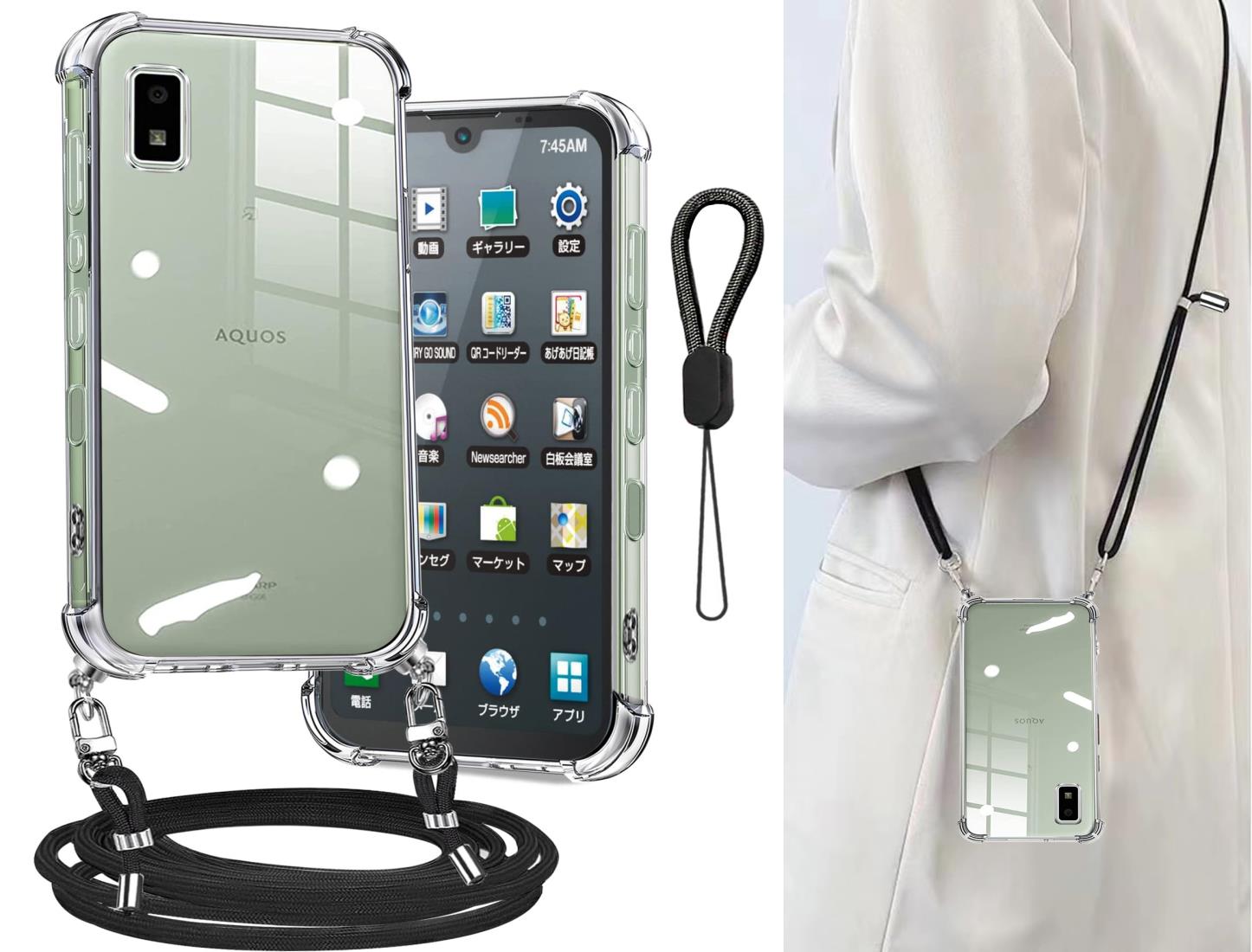 Cokkas AQUOS wish3 ケース SH-53D/A302SH ケース アクオスwish3 カバー ショルダー ストラップ2本付き 紐付き 肩がけ 首掛け 縄掛け アクオス ウィッシュ 3 ケース ストラップホール付き 薄型 透明 シリコン TPU バンパー 耐衝撃 米軍MIL規格 長さ調整可能 スマホケースwi