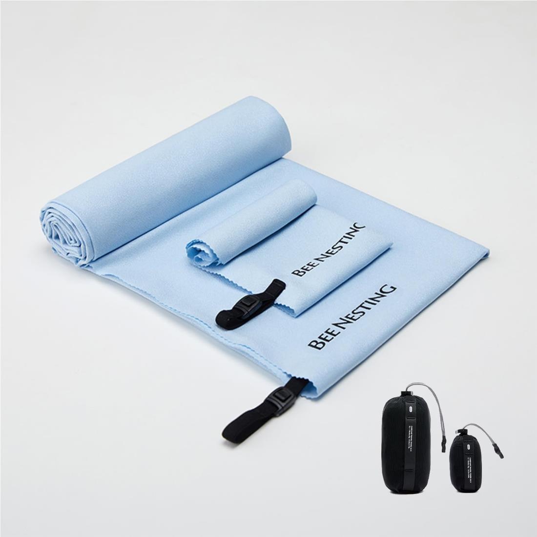 BeeNesting 超軽量 速乾タオル 特大判＆小さいセット マイクロファイバー スポーツタオル コンパクトに収納可能なポケット付き バックパッキング 旅行 登山 ビーチ ジム 水泳 ヨガ用 (ブルー、2枚セット)