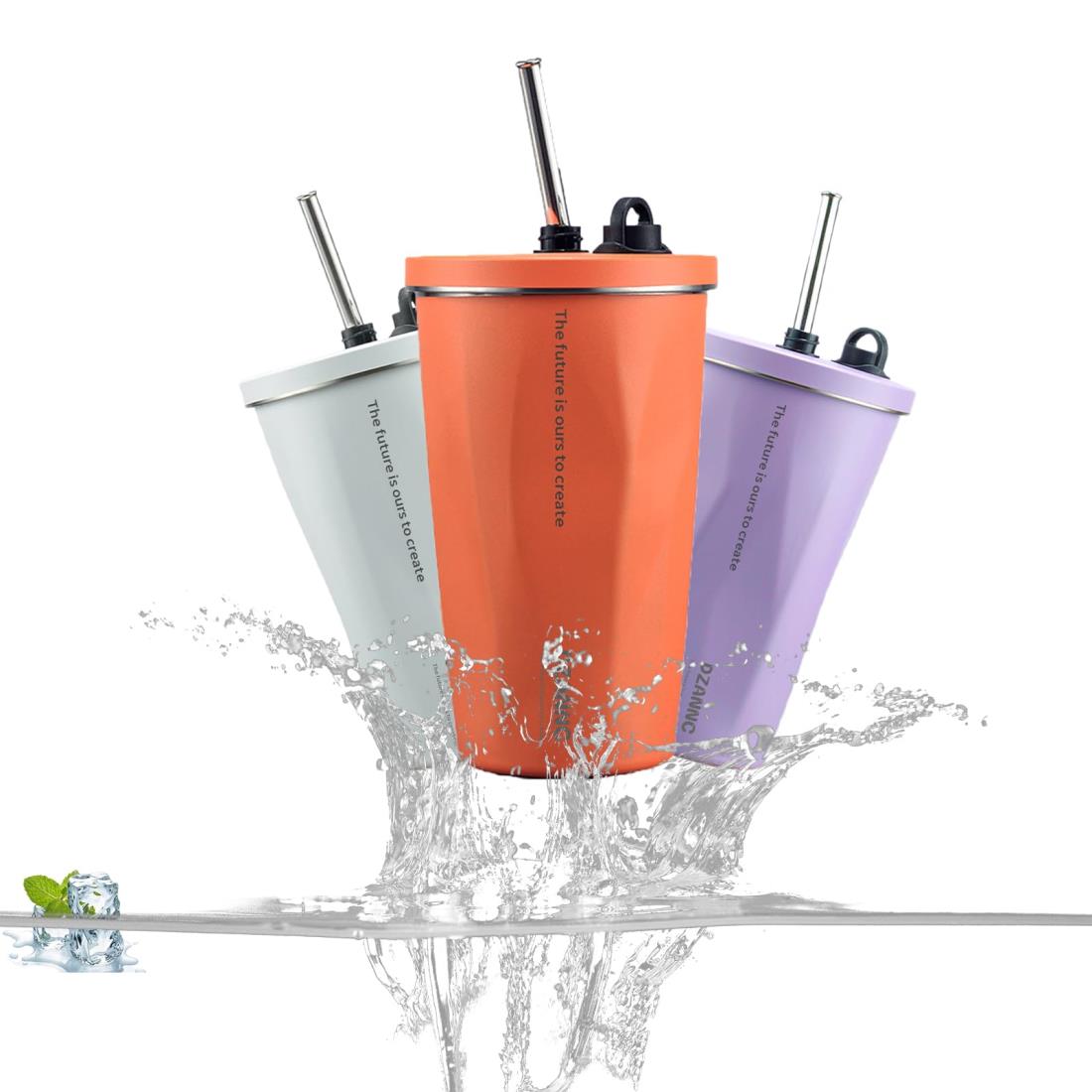 Dzannc ストロー付きタンブラー ふた付き 大容量 650ml ストロー 水筒 真空断熱 タンブラー おしゃれ ステンレス 携帯 (オレンジ)