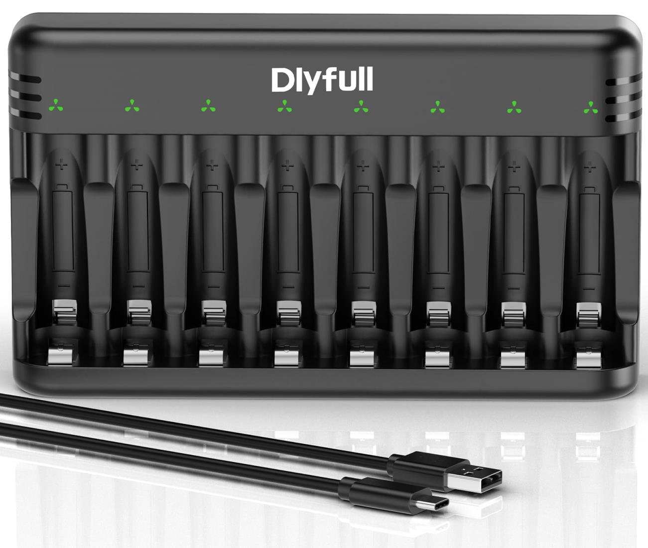Dlyfull 電池充電器 単4 単3 充電池 充電器、USB Type-C入力 8スロット単三 単4 充電器/充電式ニッケル水素電池 充電器/ニカド充電池に対応 同時充電 LEDライト 単3 バッテリー 充電器 エネループ 充電器 単3 充電池充電器 (黒色)