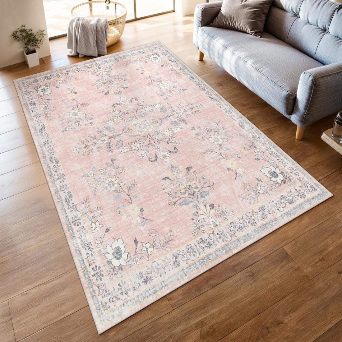 HAOCOO カーペット 洗える 140х200cm ラグ 約1.5畳 オールシーズン適用 ペルシャ風 じゅうたん 滑り止め 低反発 防音 寝室 リビング ラグマット 抗菌防臭 耐磨耗性 軽量 花柄 コーラルピンク