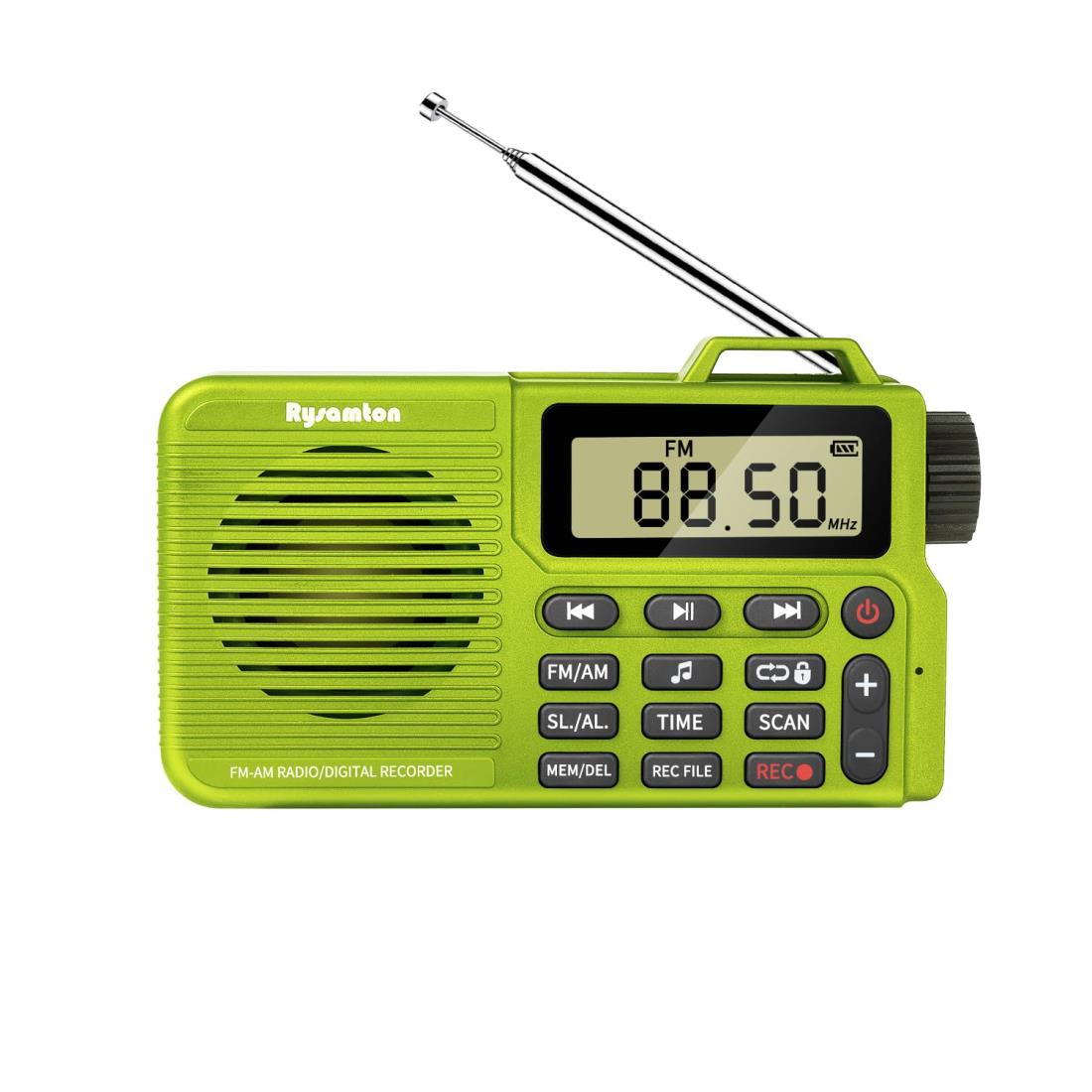 FM/AM 高感度受信多機能小型ラジオ ワンタッチ録音 2000mAh大容量充電池付きMP3再生可能録音ラジオ (黄緑)