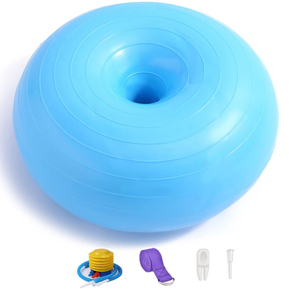 ドーナツヨガボール バランスボール 初心者 子供 大人 超耐荷重 フィットネスバンド フットポンプ付き ジム/ホーム/オフ ィスなどに適用 (ブルー)
