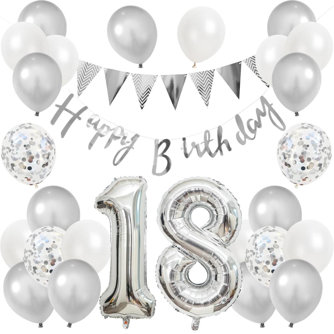誕生日 バルーン 風船セット 飾り付け 18歳 happy birthday ガーランド バースデー 飾り ハッピーバースデー 大きい数字 紙吹雪風船 パーティー プレゼント サプライズ 大人 男の子 女の子 銀