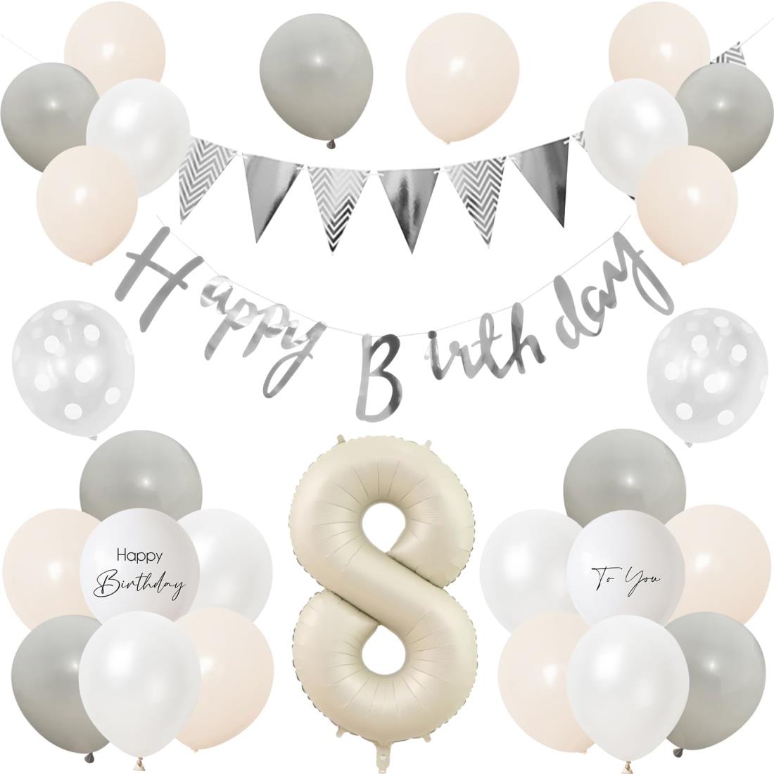 Lausatek バルーン 誕生日 8歳 風船セット HAPPY BIRTHDAY バースデー ガーランド バースデー 飾り付け 装飾 数字 サプライズ お祝い イベント 子ども 男の子 女の子 グレー ホワイト