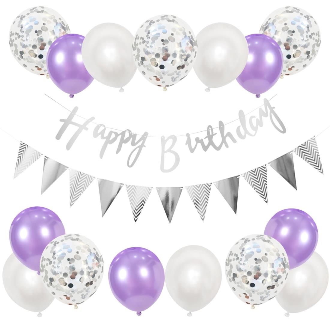 GRESATEK 誕生日 バルーン 風船 飾り付け セット ハッピー バースデー happy birthday ガーランド 紙吹雪風船 装飾 パーティー お祝い サプライズ パープル シルバー