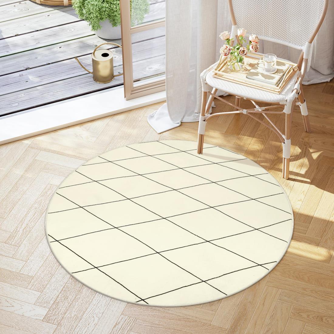 HAOCOO ラグマット 円形 ラグ 100cm チェアマット 洗える 北欧風 オールシーズン適用 幾何学柄 ふわふわ 滑り止め ホットカーペット対応 防音 抗菌防臭 キッチン ダイニング カーペット アンティーク アイボリー