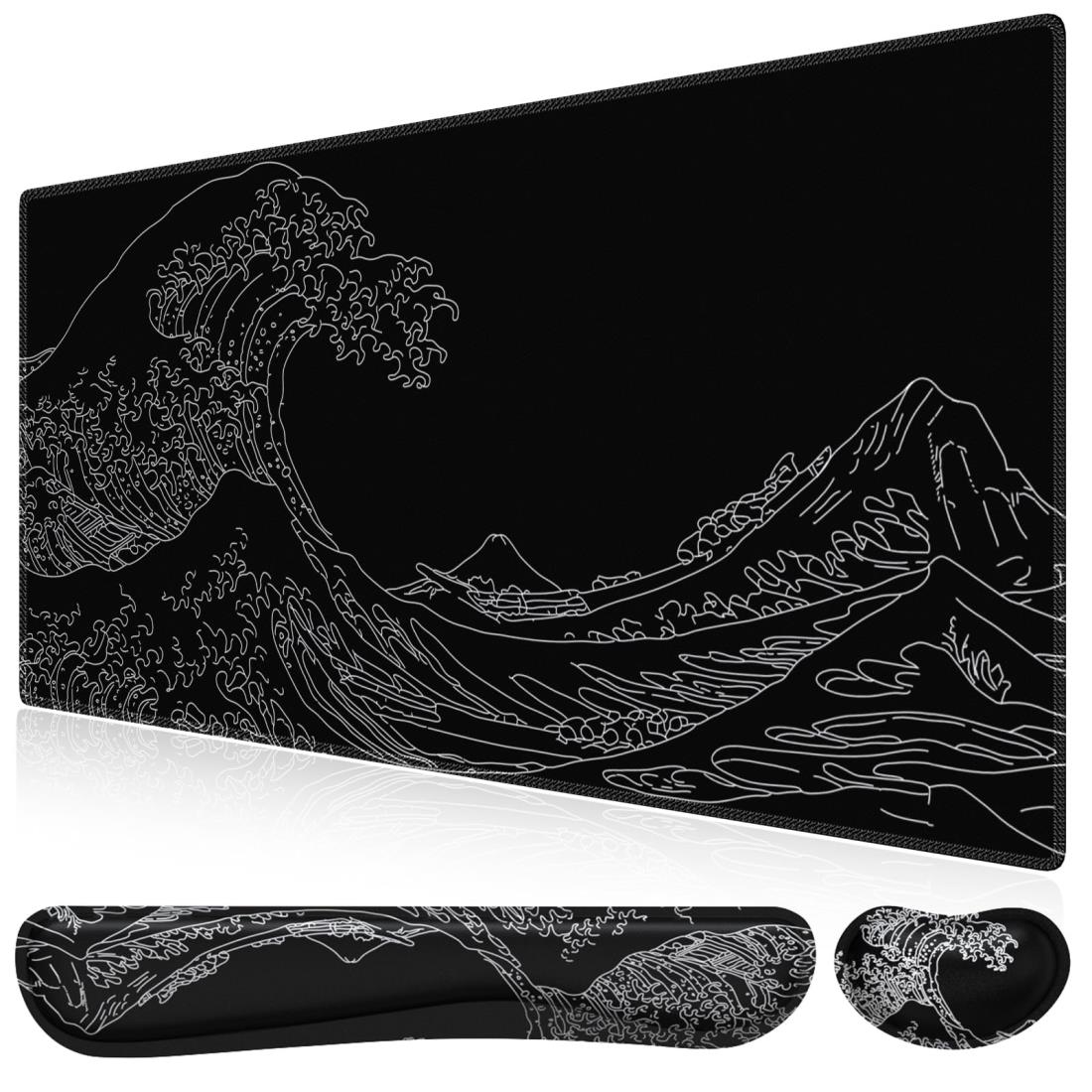 iCasso マウスパッド リストレスト3点セット 90x40cm 大型 ゲーミングマウスパッド 低反発 キーボード用+マウス用 手首クッション 長さ45+14cm 人間工学 アームレスト 疲労軽減 ゴムベース 滑り止め（神奈川沖浪裏）