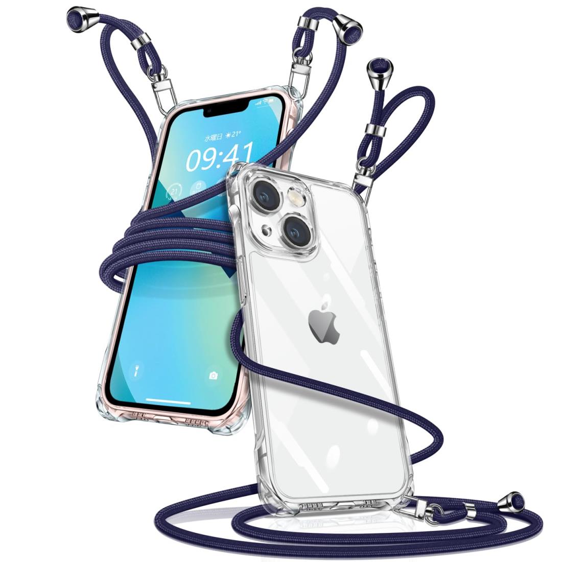 i Phone 13 ケース ク リア ショルダー アイフォン13 スマホケース i Phone13 カバー 肩掛け 斜めかけ 縄掛けケース 透明 薄型 軽量 TPU 携帯ケース 紐付き 斜めがけ 織りストラップ付き 長さ調整可能 取り外し可能 落下防止 紛失防止 ワイヤレス充電対応(ブルー)