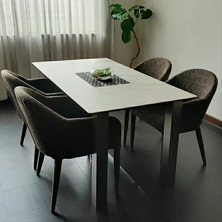 【全品ポイント10倍】 ダイニングテーブルセット セラミック セラミックテーブル 150cm幅 ダイニングテーブル ファブリックチェア 4人掛け モダン 食卓 ダイニング5点セット ホワイト グレー強化ガラス 布 [2]