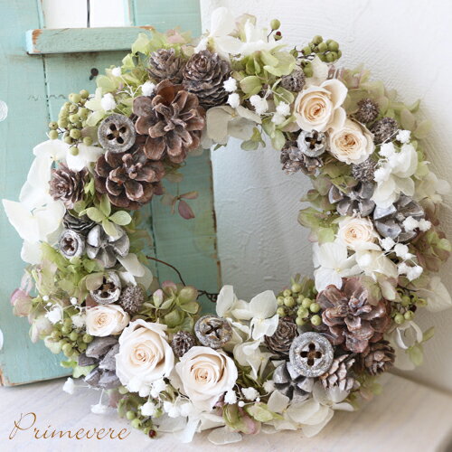 プリザーブドフラワー リース 紫陽花 木の実 グリーン ホワイト ブラウン ナチュラル 落ち着いた色味 ..