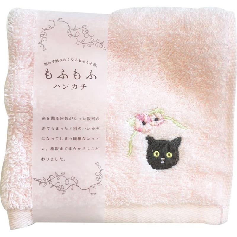 メール便OK もふもふ ハンカチ 黒猫 ふわふわ 日本製 ふんわり手触り ワンポイント刺繍 猫 ねこ ネコ ギフト プチギフト