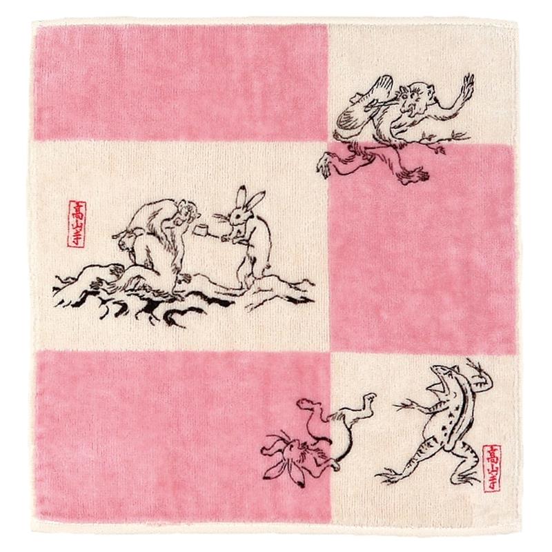メール便OK 高山寺公認 国宝 鳥獣人物戯画 ジャガードプリントタオル ピンク 25cm 日本製 ギフト お土産 インバウンド
