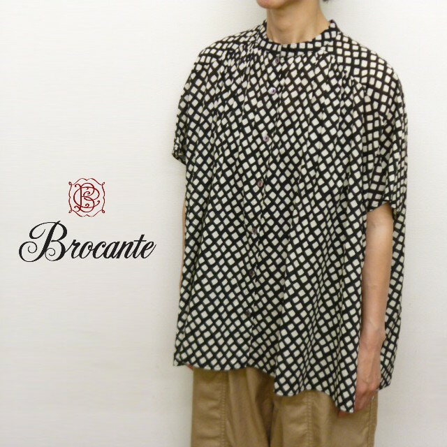 ブロカント Brocante シャツ ブラウス インド プリント チェック スタンドカラー ギャザー 入り ワイド シルエット コットン ボイル 綿 100% 半袖 フロンセシャツ ドミンゴ 2026年春夏の新色入荷