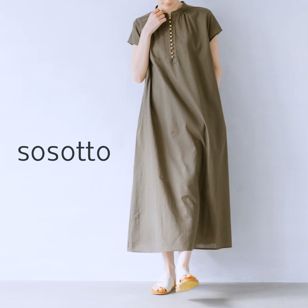 乐天商城 - 【15％オフ・クーポン対象】sosotto ソソット ワンピース ロング リバティ プリント 使い くるみボタン フレンチ スリーブ 半袖 スタンドカラー ギャザー 入り 綿 麻 コットン ラミー 2026年春夏物