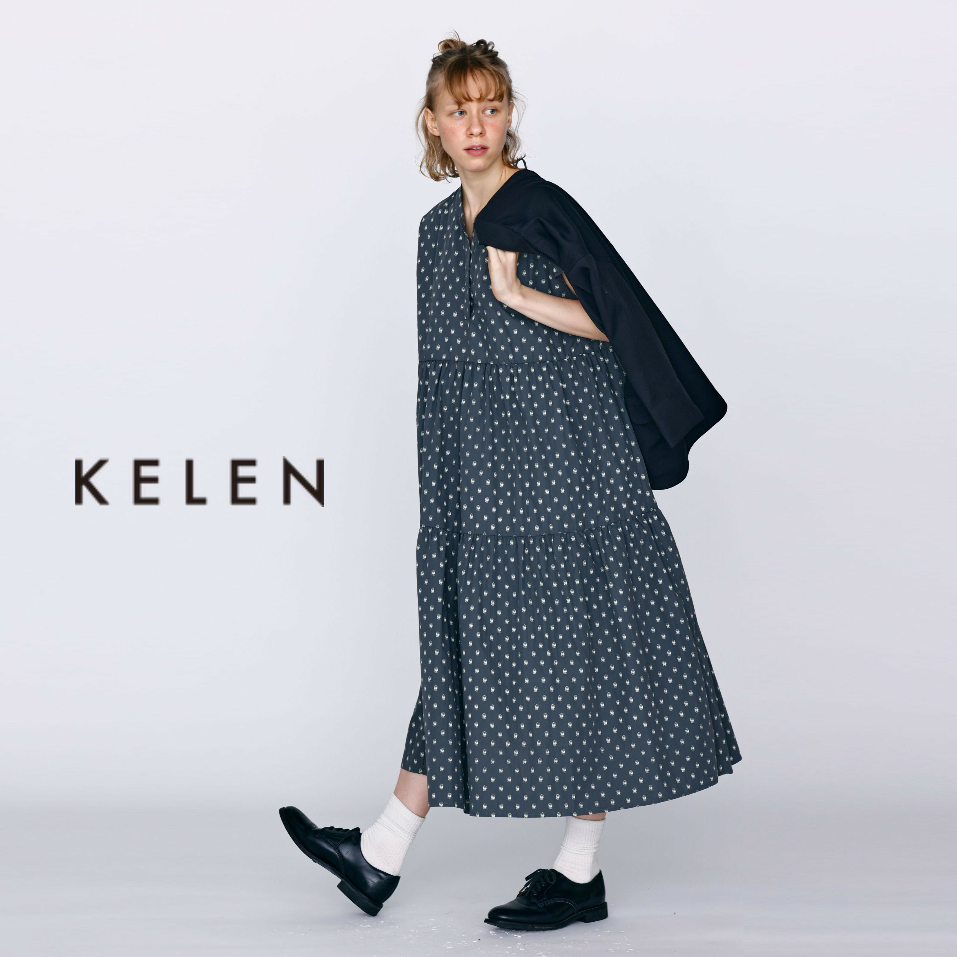 乐天商城 - 【20％オフ・セール】KELEN ケレン ワンピース ロング ティアード フレンチスリーブ スキッパー バンドカラー ドット 水玉 綿 コットン ナイロンGUMIN 2026年春夏物