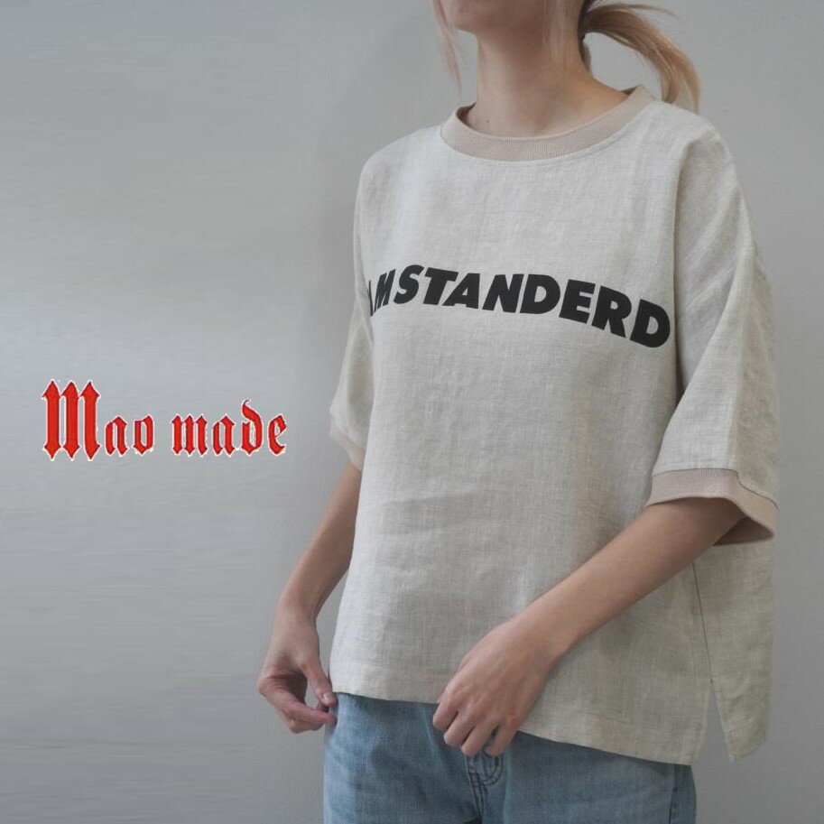 【15％オフ クーポン対象】マオメイド mao made Tシャツ ブラウス シャツ ロゴ プリント ワイド シルエット 5分袖 半袖 リネン 麻 100 布帛 2024年春夏物