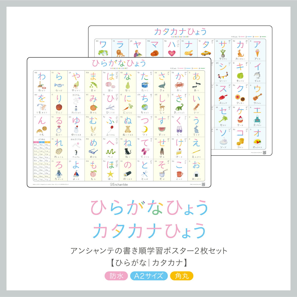 アンシャンテの書き順学習ポスター2枚セット【ひらがな｜カタカナ】 防水・A2・角...