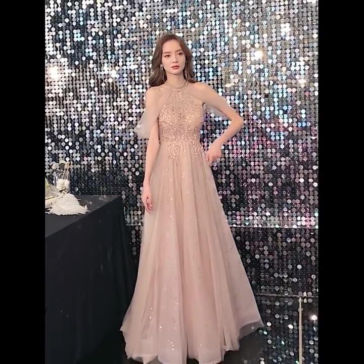 パーティードレス ロング丈 演奏会 ノースリーブ キラキラ 透け感 ドレス 大人 ピアノ 発表会 成人式 同窓会 結婚式 イブニングドレス スパンコール Aライン フ