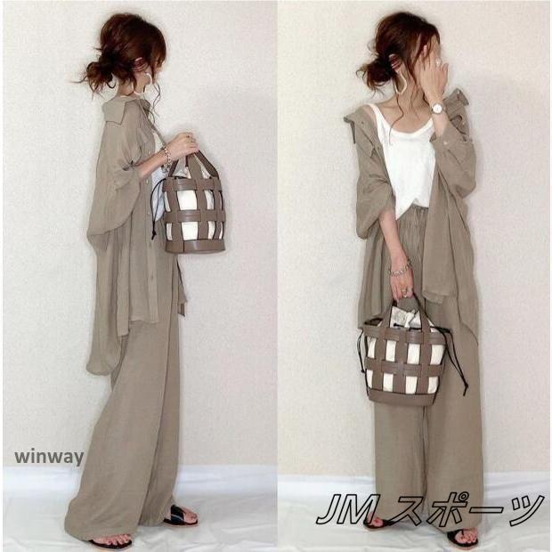 EDAN楽天市場店のセットアップ レディース 春秋 カジュアル 無地 コーデ 40代 トップス ガウチョパンツ シフォン きれいめ 大きいサイズ おしゃれ 着痩せ 2点個別｜アングル3