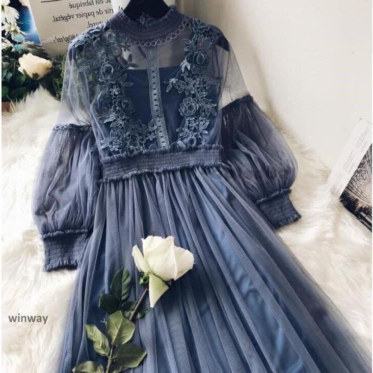 パーティードレス ミモレ丈 袖あり 結婚式 ワンピース レースワンピース 二次会 バルーン袖 演奏会 発表会 シースルー 20代 30代 40代 50代 ロング...