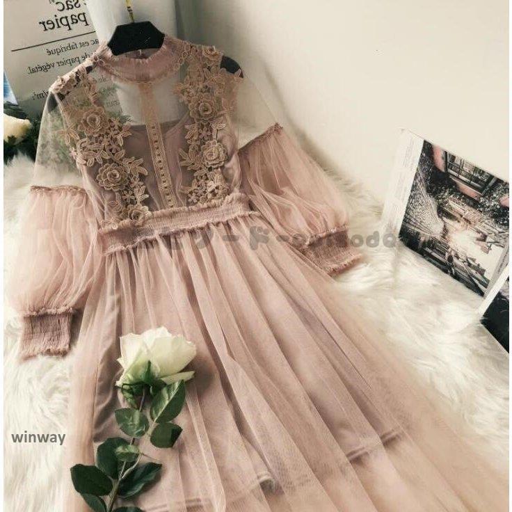 パーティードレス ミモレ丈 袖あり 結婚式 ワンピース レースワンピース 二次会 バルーン袖 演奏会 発表会 シースルー 20代 30代 40代 50代 ロングドレス