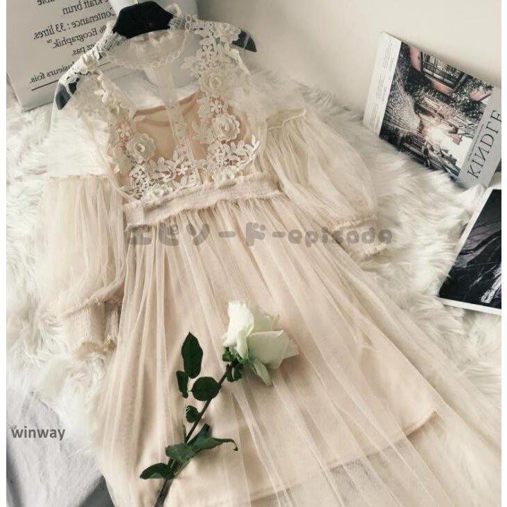 パーティードレス ミモレ丈 袖あり 結婚式 ワンピース レースワンピース 二次会 バルーン袖 演奏会 発表会 シースルー 20代 30代 40代 50代 ロングドレス