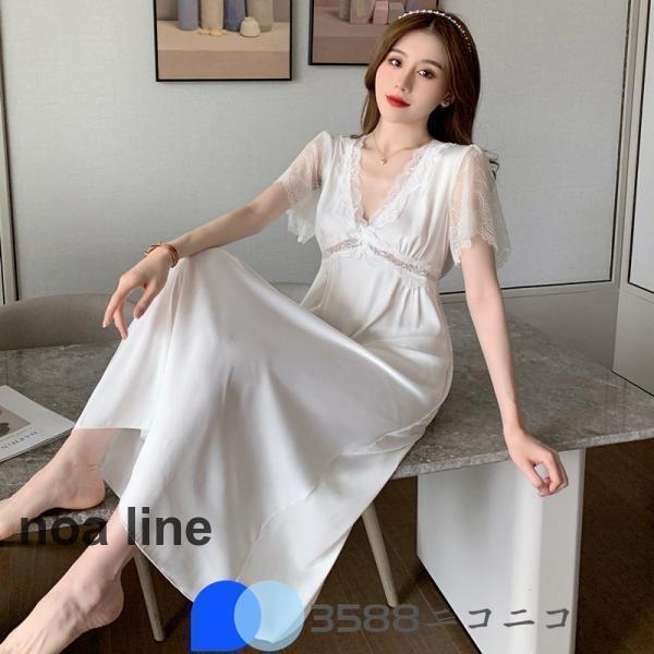 レディース 姫系 レース ネグリジェ夏 半袖ー寝巻き マキシ丈 ロマンティック ルームワンピース ガウン 部屋着 新作