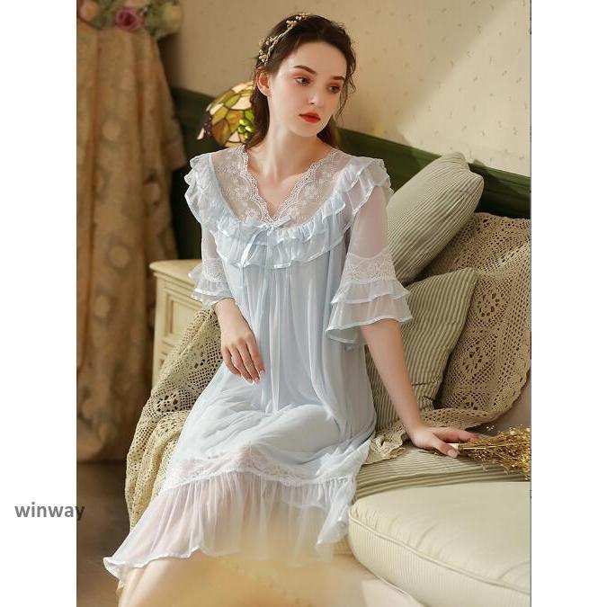 レディース レース 姫系 ネグリジェ 寝巻き 五分袖 ロング丈 春 夏 フリル ルームワンピース ナイトウ..