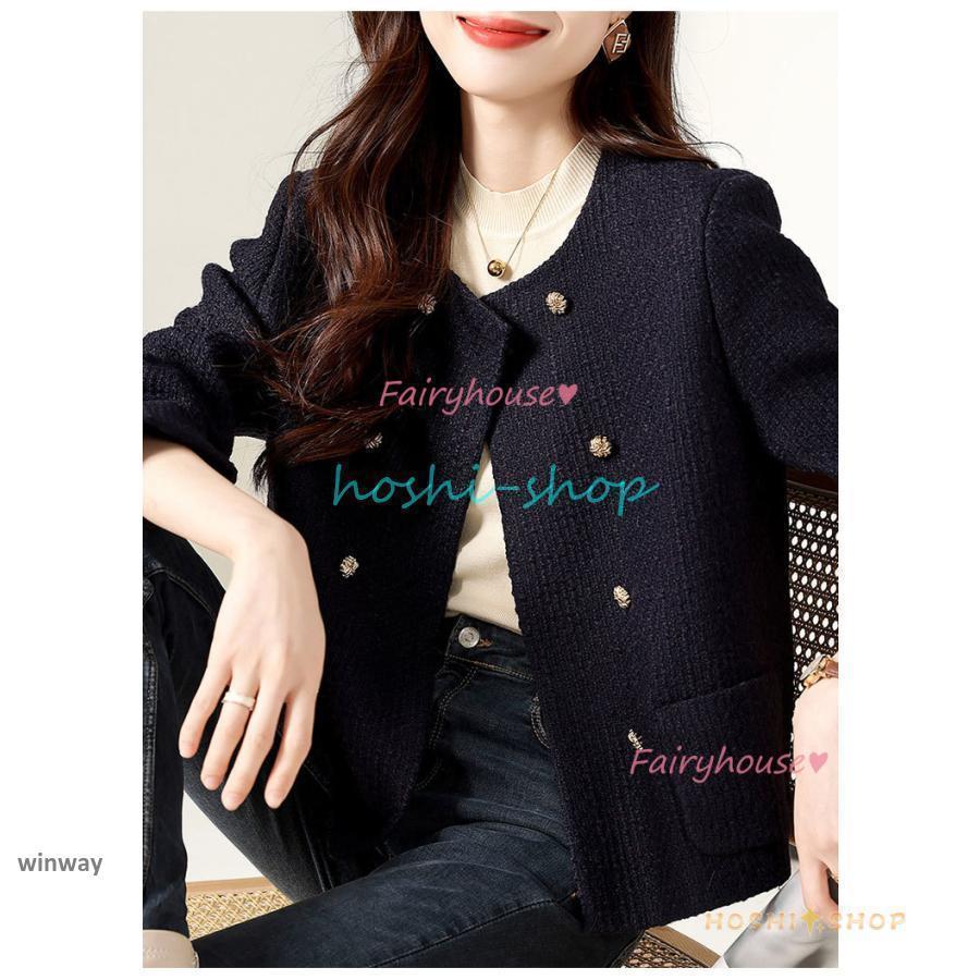 ツイードジャケット レディース 40代 長袖ノーカラージャケット ショット丈ツイードコート 春コートアウター 秋服 大人韓国風 通勤OL 結婚式 入学式卒業式