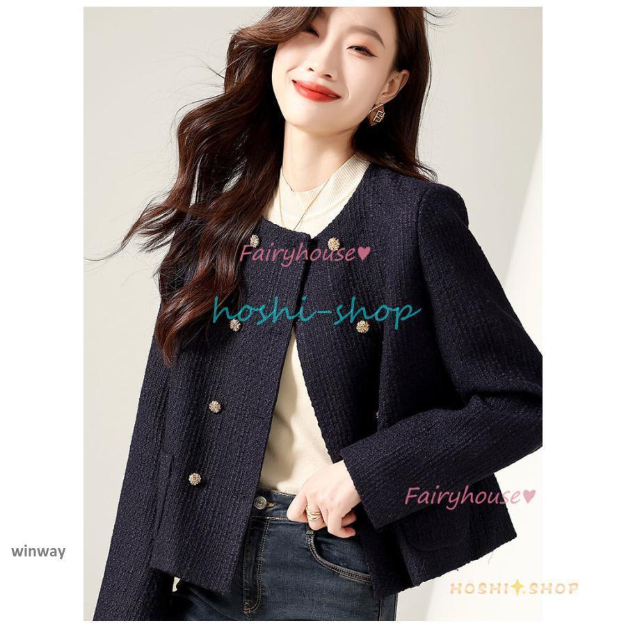 ツイードジャケット レディース 40代 長袖ノーカラージャケット ショット丈ツイードコート 春コートアウター 秋服 大人韓国風 通勤OL 結婚式 入学式卒業式