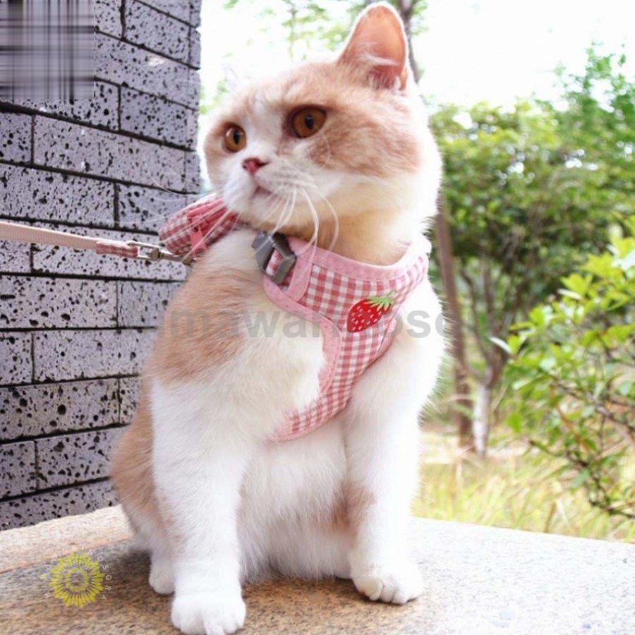 犬 猫 ハーネス リード セット ポーチ付き 小型犬 散歩 かわいい チェック柄 胴輪 簡単装着 脱げない ..
