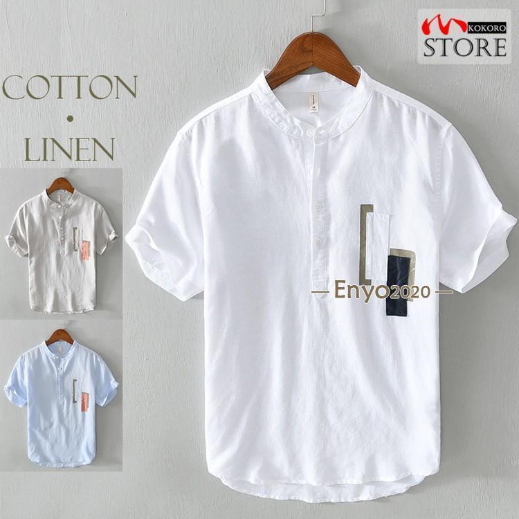 シャツ バンドカラー 綿麻シャツ カジュアルシャツ リネンシャツ トップス プルオーバー 半袖 コットン..