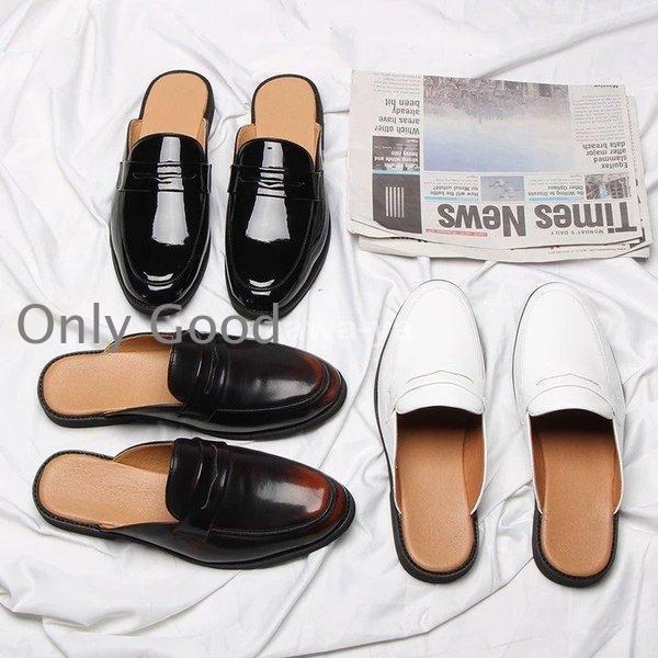 イギリス風かかとなしドライビングシューズメンズPUレザー靴スリッポンミュールクロッグバブーシュサン..