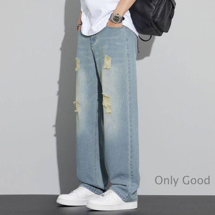 ワイドパンツ ジーンズ メンズ ダメージ加工 ロング丈 おしゃれ 個性 ストレート ゆったり ストリート系 デニムパンツ
