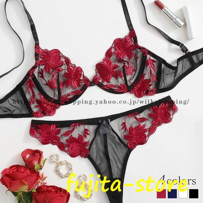 ノンパテッドブラ ショーツ セット T バック ショーツ シースルー ブラジャー 花柄 透け ブラジャー シ..