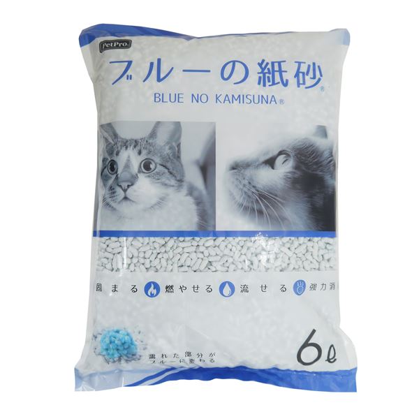 ご注文の前にご確認ください。この商品は※金額にかかわらず送料無料。※代金引換での注文不可。※別商品と同時注文不可。※日時指定、運送会社の指定不可。※お客様都合でのキャンセル不可。■商品内容【ご注意事項】この商品は下記内容×3セットでお届けします。・すばやく吸収＆しっかりと固まり、濡れた部分がブルーに変化するのでお掃除が楽チン！・再生紙が主原料なので、家庭用の燃えるゴミとして処理ができ、後始末が簡単です。・水の中でほぐれるので少量ずつトイレに流して処理できます。■商品スペック■個装サイズ(約)mm：300×60×390■材質/素材：再生紙、吸水性ポリマー、植物性粘着剤■原産国または製造地：日本■使用方法：・猫用トイレに7〜10cmの高さでしきつめてください。・おしっこがかかると、水分を吸収し青い固まりになります。・固まった部分を取り除き、砂が減ったら補充してください。・取り除いた固まりは、燃えるゴミか水洗トイレに流して処理してください。※初めてお使いになる場合は、従来使用していた猫砂を少量混ぜながら慣らせてください。※再生紙を使用しているため、白・青以外の一部色の付いた原料が混ざる場合があります。■諸注意：・本品は猫のトイレ砂です。それ以外の用途には使用しないでください。・本品は食品ではありません。万一人やペットが本品を飲み込んだ場合、すみやかに医師・獣医師にご相談ください。・開封後は、袋をしっかり閉め、湿気が少なく涼しい場所に保管してください。・ご使用後ゴミとして処理する場合、お住まいの自治体のルールに従って処理してください。【水洗トイレに流す場合の注意】・水洗トイレに流す量は、1回につき1個(ゴルフボール位の大きさ)にしてください。※大きい固まりを流す場合は、小さくして流してください。また水量は必ず「大」で流してください。・複数個流す場合は、1個流すことに1回だけ水を流してください。続けて流すと詰まりの原因になります。・1日に流す量は固まり5個までとしてください。これ以上の量を処理する場合は燃えるゴミとして処理してください。・乾燥して硬くなった固まりはトイレに流さないでください。・節水型トイレ・浄化槽式トイレには流さないでください。・トイレの配管の状況を確認しながら定期的に配管の清掃をしてください。■送料・配送についての注意事項●本商品の出荷目安は【1 - 5営業日　※土日・祝除く】となります。●お取り寄せ商品のため、稀にご注文入れ違い等により欠品・遅延となる場合がございます。●本商品は仕入元より配送となるため、沖縄・離島への配送はできません。類似商品はこちら直送・代引不可トイレに流せる紙の猫砂 7L 別4,653円直送・代引不可ペットプロ 固まる猫砂 8L別商5,390円直送・代引不可ペットプロ ひのきの猫砂 7L別7,018円直送・代引不可ガッチリ固まる木の猫砂 6L 別3,421円直送・代引不可スーパーブルー 6.5L 別商品4,279円直送・代引不可ネオ砂 おから オーガニック 64,048円直送・代引不可 ペットプロジャパン PetPr4,444円直送・代引不可 ペットプロジャパン PetPr4,136円直送・代引不可ペットプロ 長時間使えて臭わない4,004円直送・代引不可猫砂楽園 植物だから 7L 別商5,236円直送・代引不可別商品の同時注文不可7,315円直送・代引不可デオフリー 強力消臭 おからと木3,839円