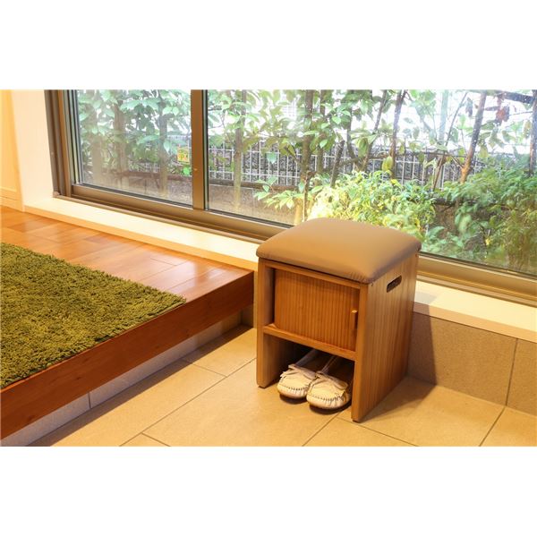 直送・代引不可 スツールボックス 約幅28×奥行28×高さ37cm ブラウン ジャバラ扉 木製 天然木 オットマ..