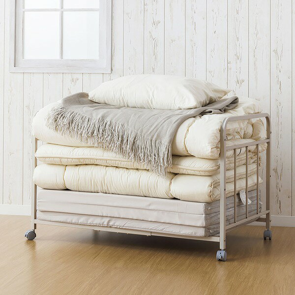 直送・代引不可 布団 収納ラック 1段 グレージュ キャスター付き 高さ調整可 寝具収納 オープンラック ..