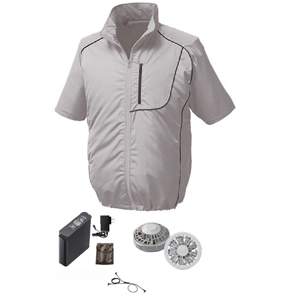 直送・代引不可 KU91720 空調服 R ポリエステル製半袖ブルゾン FAN2200G・RD9261・LIPRO2セット シルバー×ブラック 5L 別商品の同時注文不可