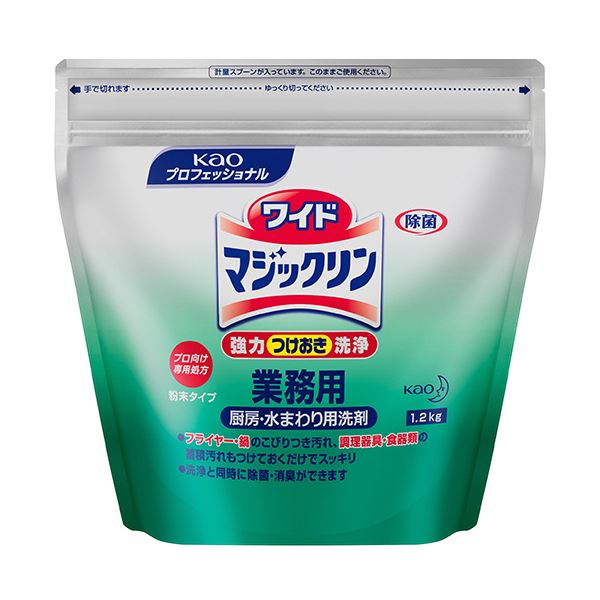 ご注文の前にご確認ください。この商品は※金額にかかわらず送料無料。※代金引換での注文不可。※別商品と同時注文不可。※日時指定、運送会社の指定不可。※お客様都合でのキャンセル不可。■商品内容【ご注意事項】この商品は下記内容×5セットでお届けします。●魚焼きグリルや鍋にこびりついたベタベタ油汚れ、パイプのつまりやニオイ、洗濯槽のカビ汚れまでをスッキリ落とす、粉末タイプのつけ置き用洗剤の本体です。■商品スペックタイプ：詰替洗剤の種類：粉末内容量：1.2kg液性：弱アルカリ性寸法：250×240mmその他仕様サイズ(奥行):140mm備考：※アルミ製品は変色の恐れがあるので、2時間以上つけない。※作業時は炊事用手袋を着用する。※用途外に使わない。※子供の手の届く所に置かない。※効果が落ちるので、塩素系や還元系の漂白剤と併用・混同しない。※家庭品のワイドマジックリン及び他のマジックリン(液体のマジックリン製品)とは混ぜない。※つけおきする際は密閉しない。圧力が上がって容器が割れる恐れがある。※食器及び調理器具は、流水で5秒以上すすぐ。※容器に水や他のものを入れたり、詰替えたりしない。破裂することがある。※目移動、保管時は容器のキャップ又は、袋のチェックを必ず閉める。湿気で効果が減少することがある。※熱湯で使わない。※直射日光を避け、高温の所に置かない。【商品のリニューアルについて】メーカー都合により、予告なくパッケージデザインおよび仕様が変わる場合がございます。予めご了承ください。■送料・配送についての注意事項●本商品の出荷目安は【1 - 5営業日　※土日・祝除く】となります。●お取り寄せ商品のため、稀にご注文入れ違い等により欠品・遅延となる場合がございます。●本商品は仕入元より配送となるため、沖縄・離島への配送はできません。[ 510136 ]類似商品はこちら直送・代引不可花王 ワイドマジックリン 業務用15,480円直送・代引不可花王 ワイドマジックリン 業務用6,180円直送・代引不可 花王 ホーミングクレンザー 業15,200円直送・代引不可 花王 ホーミングクレンザー 業6,900円直送・代引不可花王 スチコンクリーナー 業務用11,830円直送・代引不可花王 アタック 業務用 2.5k9,250円直送・代引不可花王 スチコンクリーナー 業務用21,260円直送・代引不可花王 アタックZERO つめかえ12,810円直送・代引不可花王 マジックリン 除菌プラス 6,530円直送・代引不可ニイタカ ニューケミクール 2.12,620円直送・代引不可 花王 キッチンワイドハイター 7,640円直送・代引不可ニイタカ ニューケミクール 2.23,950円