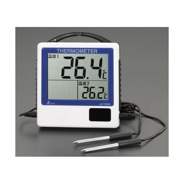 ●分解能…0.1℃●測定精度…±1℃(0〜40℃)、±2℃(その他の範囲)●測定範囲…-50〜90℃●電源…単4電池×1本(付属)●サイズ…129×24.5×117mm●重量…215g●外部センサー…センサー：φ5×50mm(2本付)、コード長：3m●防水構造…本体：IPX4、温度センサー部：IPX7※防水仕様とはなりますが、本体は湿気が多い場所に長時間晒されると故障の原因となる為、浴室などの湿気の多い場所などはお控え下さい。●2点隔測式●温度センサーは地面に差し込んで使えるプローブ型です。●2ヶ所を同時に測定できます。●※付属電池はテスト電池ですので新しい電池をご購入下さい。類似商品はこちらエスコ EA728AF-11 デジタル最高最低6,278円エスコ EA728AF-1 デジタル温度湿度計4,334円エスコ EA728AC-12 −26℃〜2503,154円エスコ EA728G-12 135x30mm 361円エスコ EA728AC-62 −30℃〜 701,984円エスコ EA728GJ-12 125x31mm713円エスコ EA728GE-12 450x80mm2,453円エスコ EA728AC-24 デジタル温度計 2,149円エスコ EA728EF-5 −40−69．9℃2,999円エスコ EA728AC-51 67x67x702,763円エスコ EA728AK-1 53x28mm　デ5,384円エスコ EA728AC-31 105x30mm735円