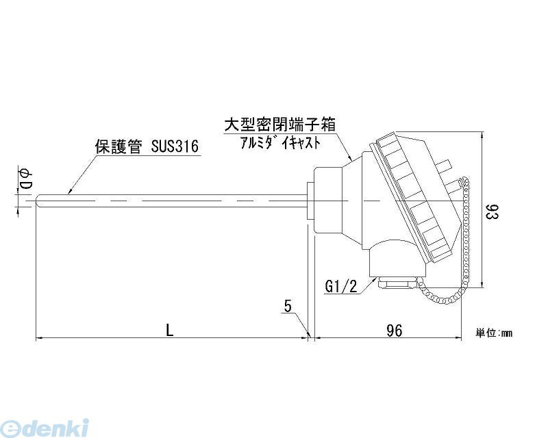 【商品説明】端子箱形K熱電対（保護管形）【仕様】 素線種類：K（3．2）　保護管（材質：SUS316　外径：22．0φ　長さ：50）　端子箱：小形密閉形　リード線出口：3／8【特長】クラス2　非接地　測温範囲0〜950℃類似商品はこちら日本...