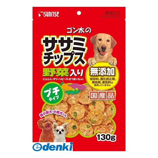 マルカン　サンライズ事業部0120-64-7181【商品説明】■気になる添加物をできるだけ使わず素材の旨みをそのまま生かし、にんじん・グリーンピース・さつまいもを入れた嗜好性の高いスナックです。手軽に与えられるので、おやつやしつけのごほうびにおすすめです。超小型犬や小型犬にも食べやすいプチタイプ。■原産国：日本　賞味期限：18ヶ月　肉類（鶏ササミ等）、豆類、野菜類(にんじん、グリーンピース等)、でん粉類、いも類(さつまいも等)、卵類、トレハロース、ミネラル類（塩化ナトリウム）、水酸化カルシウムたん白質・・・57.0％以上、脂質・・・1.4％以上、粗繊維・・・3.0％以下、灰分・・・10.0％以下、水分・・・20.0％以下4973321933387類似商品はこちらサンライズ SSC-006 ゴン太ササミチップ334円サンライズ SSC-002 ゴン太のおすすめサ1,705円サンライズ SSC-005 ゴン太ササミチップ827円SSC-003 ゴン太のササミチップス 2501,436円サンライズ SSC-004 ゴン太ササミチップ358円SSC-001 ゴン太のおすすめササミチップス1,705円サンライズ 4973321943096 SHG529円サンライズ SSJ-007 ゴン太のササミジャ1,744円サンライズ 4973321943089 SHG529円SFL-006 ゴン太のササミチップス うっと272円SFL-003 ゴン太のササミチップス じゅわ272円SFL-005 ゴン太のササミチップス なつか272円