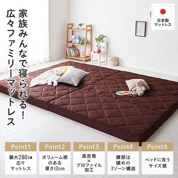 直送・代引不可マットレス ファミリータイプ 〔幅200cm シングル×2枚 3人用 ブラウン〕 厚さ12cm 連結 高反発 抗菌 防臭 防ダニ 折りたたみ 日本製マットレス 3つ折りマットレス 高反発マットレス ワイドキングマットレス【代引不可】別商品の同時注文不可 [2]