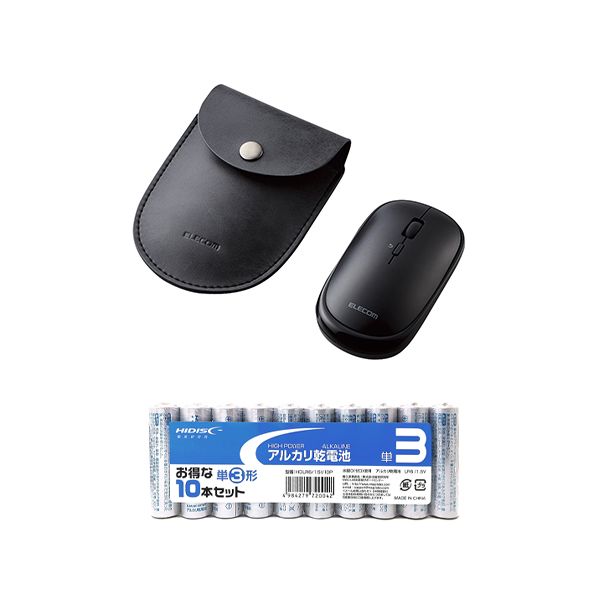 【個数：1個】M-TM10BBBK+HDLR6/1.5V10P 直送 代引不可・他メーカー同梱不可 エレコム BlueLEDマウス／薄型／Bluetooth対応／4ボタン／ポーチ付／ブラック ＋ アルカリ乾電池 単3形10本パックセット MTM10BBBK+HDLR6/1.5V10P