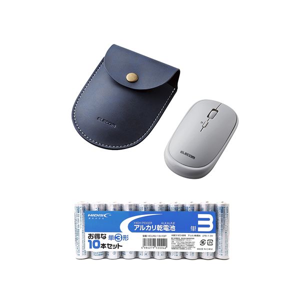 【個数：1個】M-TM10BBGY+HDLR6/1.5V10P 直送 代引不可・他メーカー同梱不可 エレコム BlueLEDマウス／薄型／Bluetooth対応／4ボタン／ポーチ付／グレー ＋ アルカリ乾電池 単3形10本パックセット MTM10BBGY+HDLR6/1.5V10P