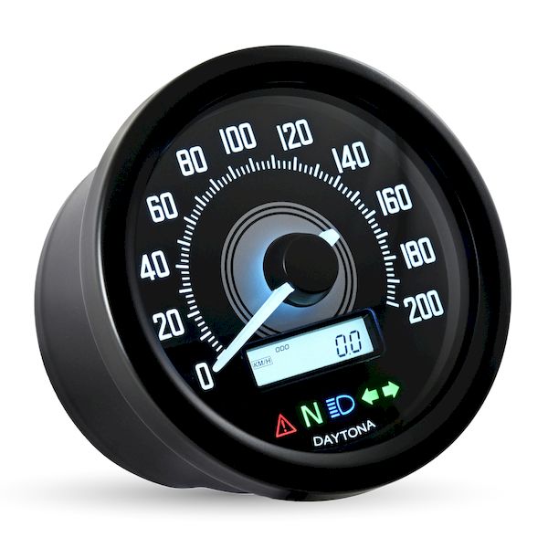 デイトナ DAYTONA 44202 VELONA ヴェローナ バイク用 電気式 スピードメーター インジケーター付き 電圧計 ブラックボディ／ホワイトLED φ60 200km／h表示
