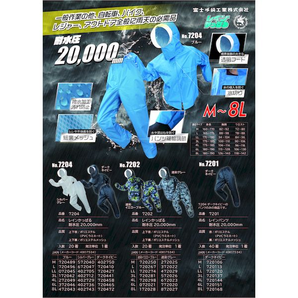 富士手袋工業 FUJITE 4907534720441 7204 レインかっぱる耐水圧20，000mm ダークネイビー 3L