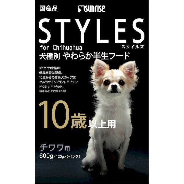【商品説明】●10歳以上の愛犬に必要な栄養バランスに配慮した犬種別やわらか半生フードです。●チワワの健康な骨格づくりに配慮して、ミルクカルシウムを配合。●原材料：肉類(チキン等)、糖類、豆類、でん粉類、穀類、油脂類、イソマルトオリゴ糖、グルコサミン(カニ由来)、果実類、乳類(ミルクカルシウム等)、魚介類、緑茶粉末、種実類(ごま等)、サメ軟骨抽出物(コンドロイチンを含む)、食物繊維(粉末セルロース)、ビタミン類(A、D、E、B1、B2、B6、B12、C、ニコチン酸、パントテン酸、葉酸、コリン)、ミネラル類(リン酸カルシウム、炭酸カルシウム、塩化ナトリウム、硫酸マグネシウム、硫酸鉄、炭酸亜鉛、硫酸銅、炭酸マンガン、ヨウ素酸カルシウム)、アミノ酸類(メチオニン)、増粘安定剤(グリセリン)、品質保持剤(プロピレングリコール)、保存料(ソルビン酸カリウム)、pH調整剤、酸化防止剤(エリソルビン酸ナトリウム、ミックストコフェロール、ローズマリー抽出物)●保証成分：たん白質14.0％以上、脂質4.0％以上、粗繊維10.0％以下、灰分8.5％以下、水分35.0％以下●エネルギー：250kcal/100g●賞味期限：12ヶ月●原産国または製造地：日本犬 フード ドライ 半生 セミモイスト ソフト やわらか 犬種 チワワ類似商品はこちらSST10-TPL スタイルズ トイプードル用958円SST10-MDL スタイルズ ミニチュアダッ958円サンライズ ST-CHL スタイルズ チワワ用948円SST-002 スタイルズ ポメラニアン用 成958円SST-004 スタイルズ シーズー用 成犬用958円マルカン 4973321934971 スタイル1,538円サンライズ SST-CH2L スタイルズ チワ1,436円サンライズ SST-003 スタイルズ ポメラ1,436円サンライズ SST-001 スタイルズ ヨーク1,436円マルカン 4973321934988 スタイル1,538円ユニ・チャーム 4520699675342 ベ1,566円サンライズ SST-TP2L スタイルズ トイ1,436円
